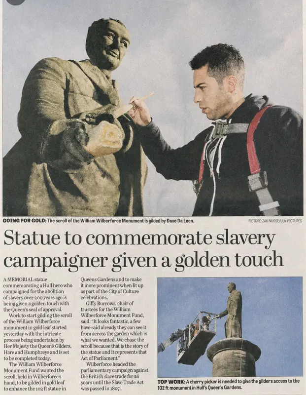 Newspaper feature covering the gilding of the William Wilberforce monument scroll