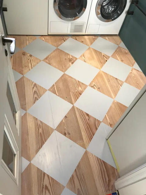 Completed hand-painted chequerboard floor, Hampstead